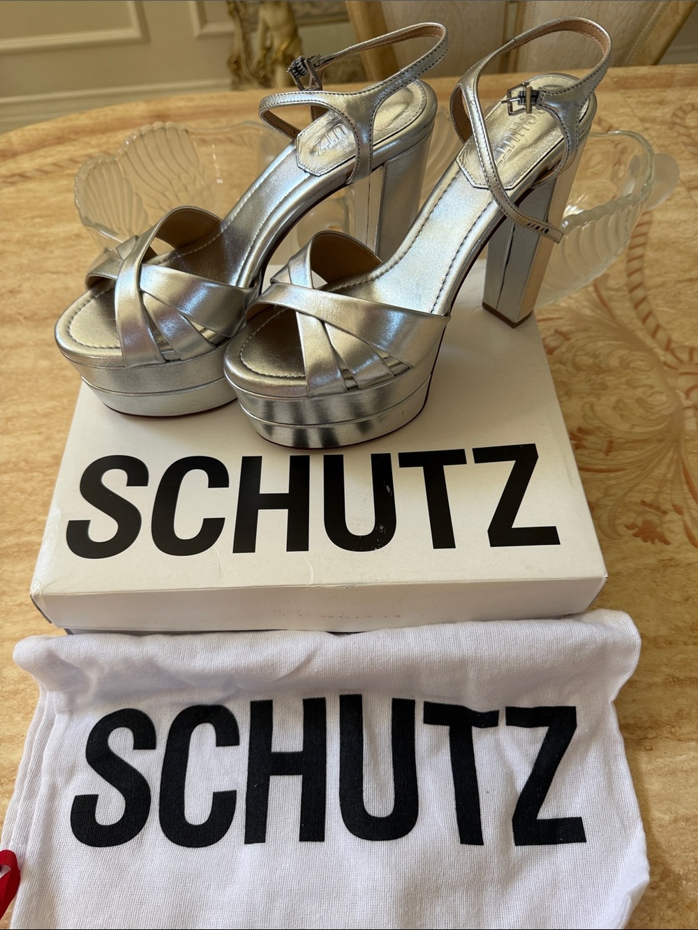 SCHUTZ Metallic Silver Platform Block Heel Sandals